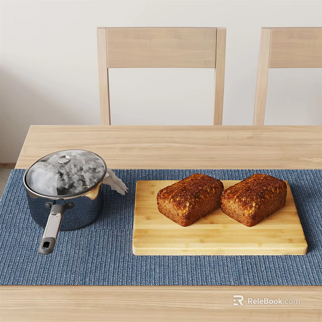 Stainless Steel Pot And Wooden Cutting Board With Fresh Baked Bread 3d model 