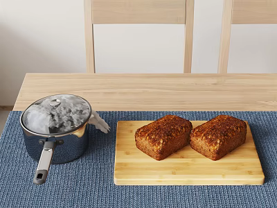 Stainless Steel Pot And Wooden Cutting Board With Fresh Baked Bread 3d model