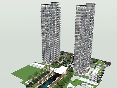 Twin Modern High Rise Residential Towers With Surrounding Green Landscape And Water Feature 3d model