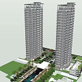 Twin Modern High Rise Residential Towers With Surrounding Green Landscape And Water Feature