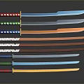 Multiple Swords With Various Colored Handles And Blades Arranged Neatly In A Row