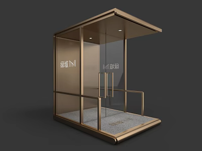 Modern Glass Security Booth With Golden Frame And Entrance Platform Design 3d model