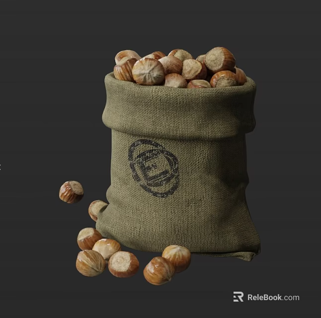 Burlap Sack Containing Hazelnuts with Logo and Scattered Nuts Around 3d model 