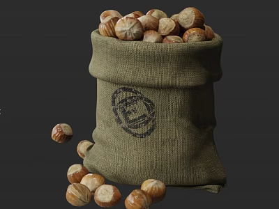 Burlap Sack Containing Hazelnuts with Logo and Scattered Nuts Around 3d model
