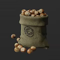 Burlap Sack Containing Hazelnuts with Logo and Scattered Nuts Around