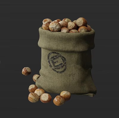 Burlap Sack Containing Hazelnuts with Logo and Scattered Nuts Around 3d model