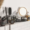 Organized Bath and Daily Essentials with Shampoo Bottles Combs Mirrors on White Tiled Wall Shelf