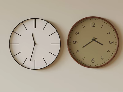 Two Wall Clocks With Minimalist And Numeral Designs Hanging On Beige Wall For Home Decor 3d model