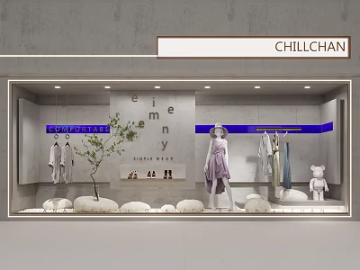 CHILLCHAN Clothing Store Window with Mannequins Blue Accents Small Tree and Shoes 3d model