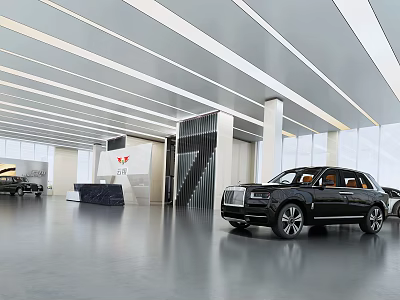 Car Showroom Reception Desk With Modern Interior And Black Luxury Car 3d model