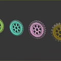 Hardware Tools Featuring Four Metallic Gears in Various Colors on Black Surface with Clear Reflections