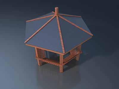 Wooden Hexagonal Gazebo With Blue Tile Roof And Wooden Pillar Seats 3d model