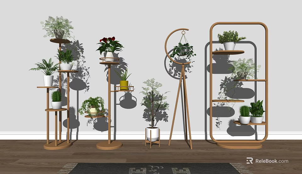 Stylish Garden Decor Featuring Wooden Plant Stands Multi tiered Shelves And Potted Green Plants 3d model 