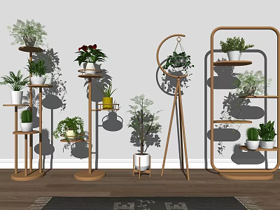 Stylish Garden Decor Featuring Wooden Plant Stands Multi tiered Shelves And Potted Green Plants 3d model