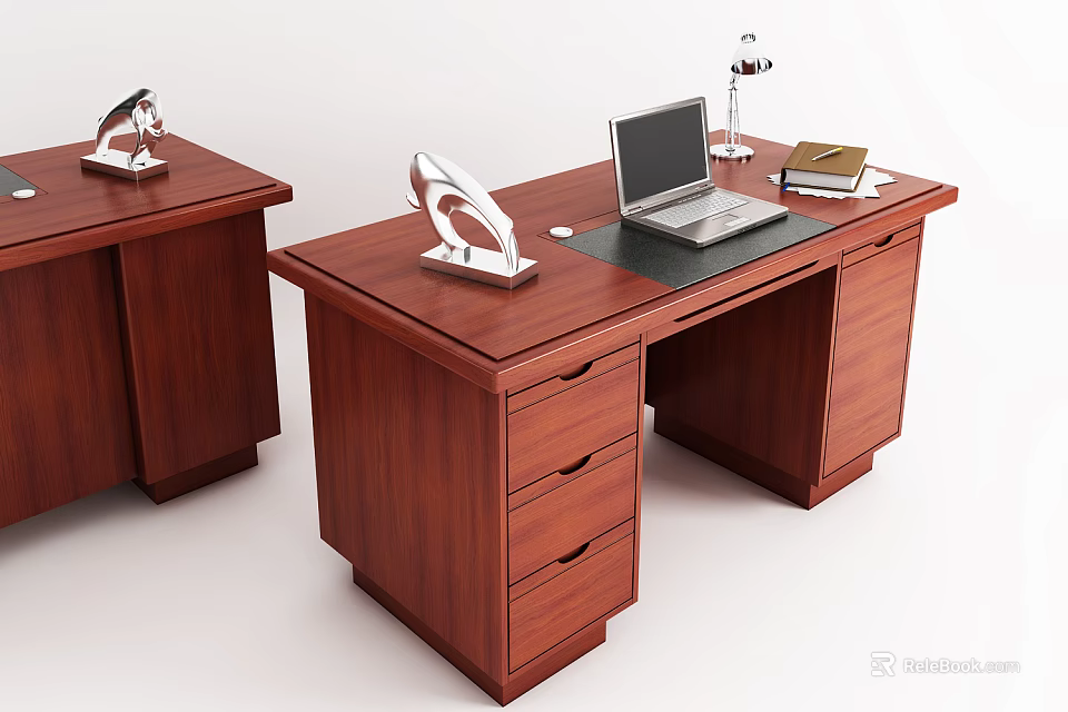 Brown Wooden Office Desk Setup With Laptop Desk Lamp Books And Drawers 3d model 