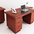 Brown Wooden Office Desk Setup With Laptop Desk Lamp Books And Drawers