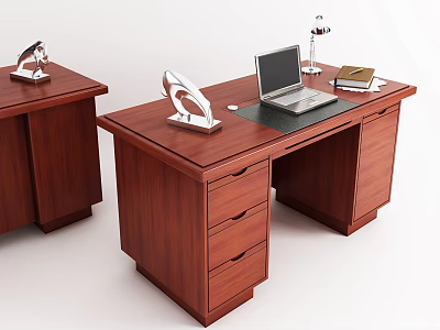 Brown Wooden Office Desk Setup With Laptop Desk Lamp Books And Drawers 3d model