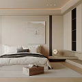 Modern Minimalist Bedroom Interior With Comfortable Bed Decorative Artwork And Pendant Light 3d model