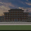 Traditional Chinese Office Building With Classic Roof Design And Nighttime Illumination