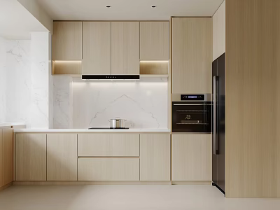 Modern Kitchen Interior With Wood Cabinets White Marble Countertop Built-in Appliances And LED Lighting 3d model
