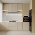 Modern Kitchen Interior With Wood Cabinets White Marble Countertop Built-in Appliances And LED Lighting