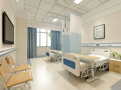 Modern Hospital Ward Interior With White Beds Blue Curtains TV And Wooden Chairs 3d model
