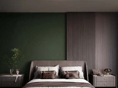 Modern Bedroom With Dark Green Walls Wooden Slatted Accent Wall Bed Nightstands Vase And Decor 3d model