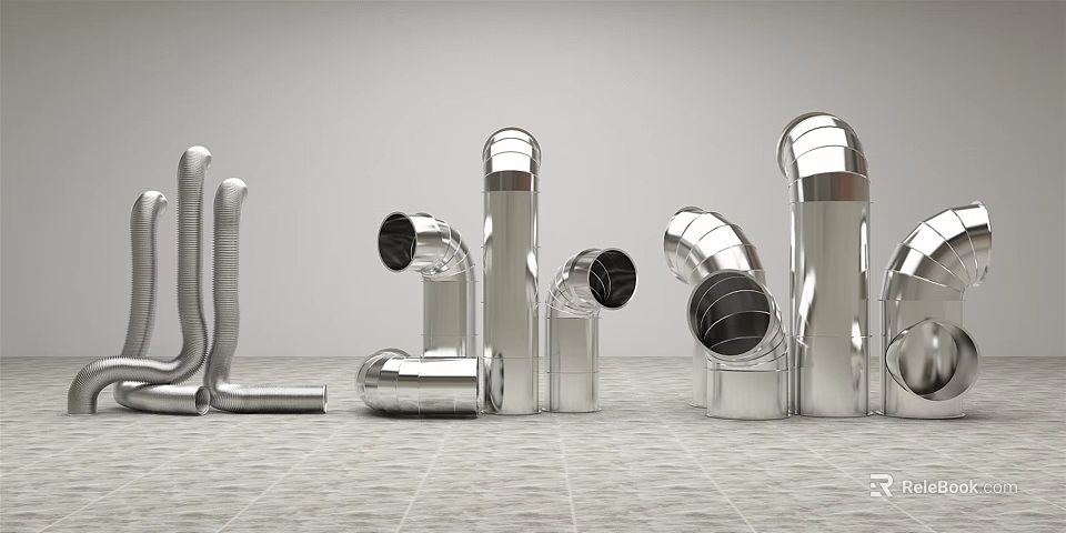 Industrial Metal Pipes In Various Shapes With Silver Finish On Gray Tiled Floor 3d model 