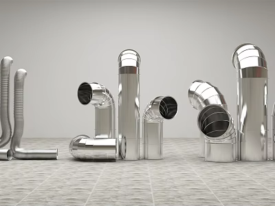 Industrial Metal Pipes In Various Shapes With Silver Finish On Gray Tiled Floor 3d model
