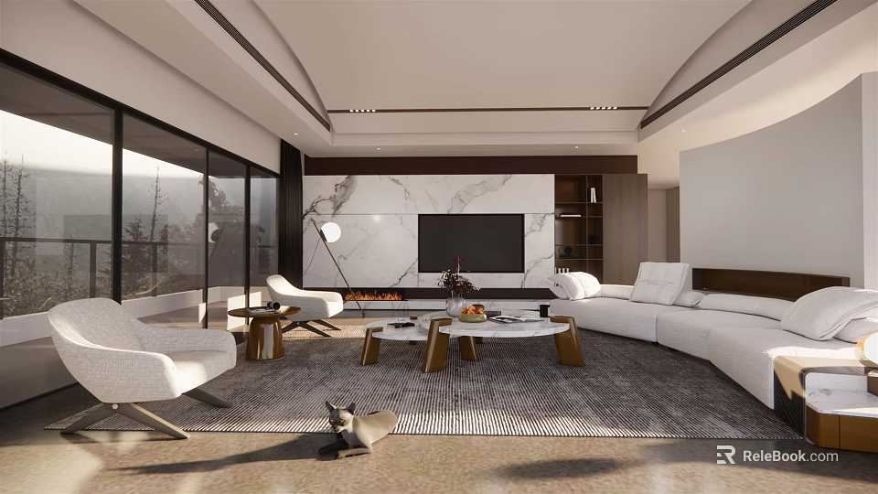 Modern Living Room Interior With Marble Wall TV White Sofa Coffee Tables And Large Windows 3d model 