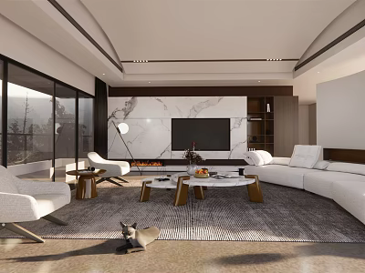 Modern Living Room Interior With Marble Wall TV White Sofa Coffee Tables And Large Windows 3d model
