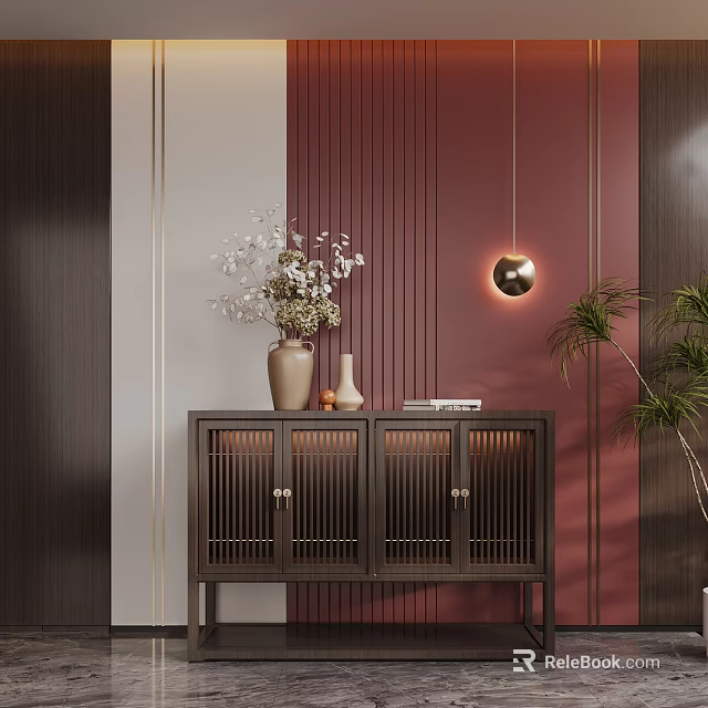 Modern Dark Wood Entryway Console Cabinet With Slatted Doors Burgundy Wall And Pendant Light 3d model 