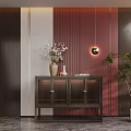 Modern Dark Wood Entryway Console Cabinet With Slatted Doors Burgundy Wall And Pendant Light