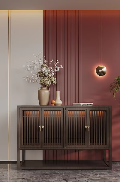 Modern Dark Wood Entryway Console Cabinet With Slatted Doors Burgundy Wall And Pendant Light 3d model