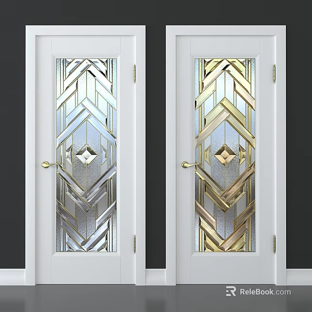 Decorative White Doors With Geometric Glass Panels Silver And Gold Design 3d model 