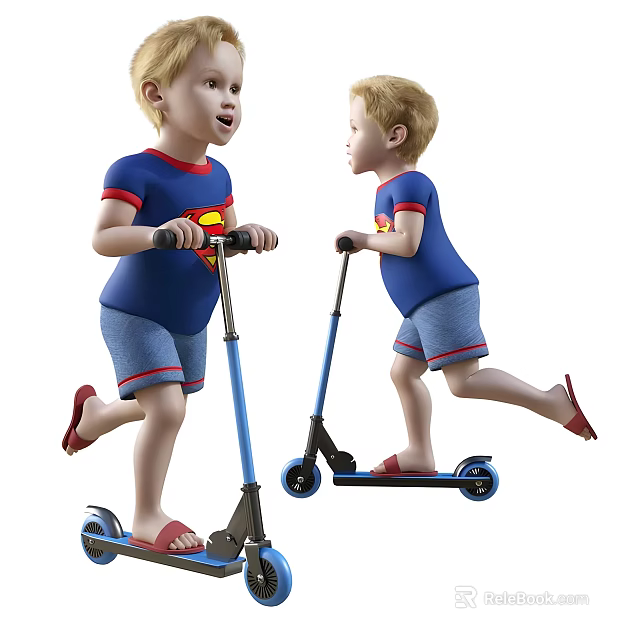 Boys In Superman Shirts Riding Scooters 3d model 