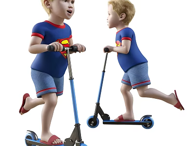 Boys In Superman Shirts Riding Scooters 3d model