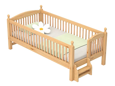 Wooden Kids Bed With Railing Ladder Green Blanket And White Flower Pillow 3d model