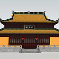 Ancient Chinese Architectural Building With Yellow Roof Green Eaves Red Lanterns And White Platform