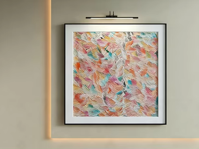 Vibrant Abstract Painting With Colorful Feather Patterns In Black Frame On Wall 3d model