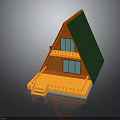 Triangular Roof House With Green Roof Orange Exterior Wooden Deck And Stairs