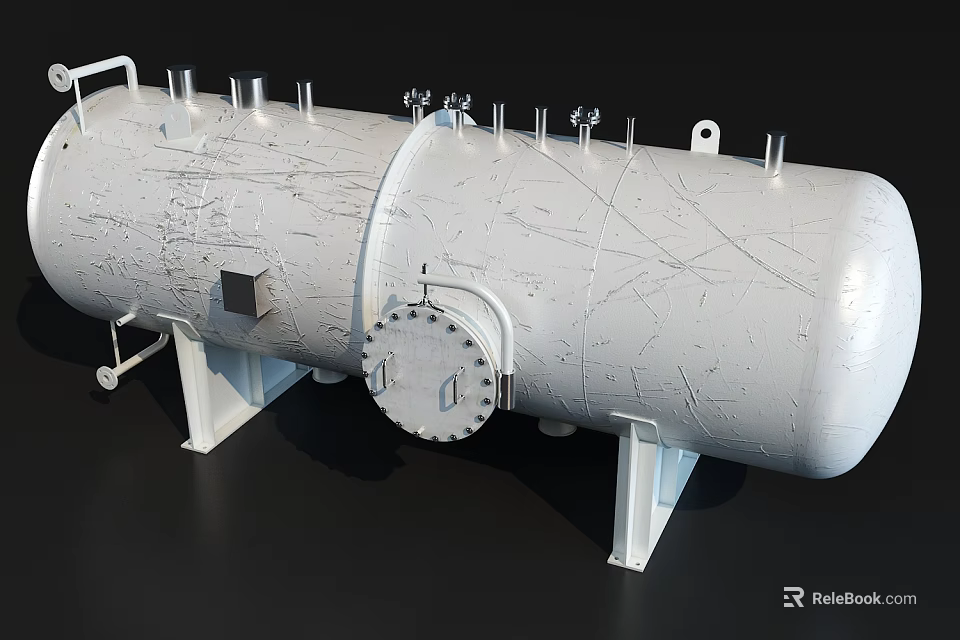 Industrial Storage Tank With Textured Surface Multiple Pipes Valves And Support Stand 3d model