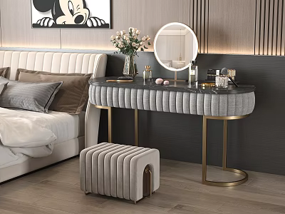 Elegant Modern Gray Upholstered Dressing Table With Gold Metal Legs Round Mirror And Matching Stool 3d model