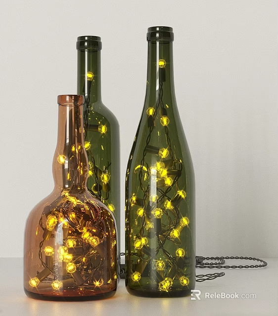 Creative Wall Decor Using Brown And Dark Green Bottles With Yellow String Lights 3d model