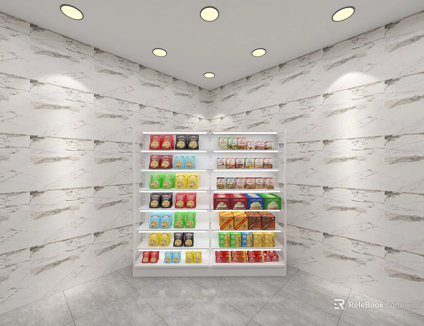 Retail Display Shelf with Colorful Packaged Goods Against White Stone Textured Walls and Ceiling Spotlights 3d model 