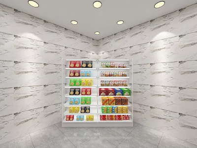 Retail Display Shelf with Colorful Packaged Goods Against White Stone Textured Walls and Ceiling Spotlights 3d model