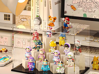 Acrylic Display Case With Collectible Cartoon Figures Mario Pikachu And Astronauts 3d model