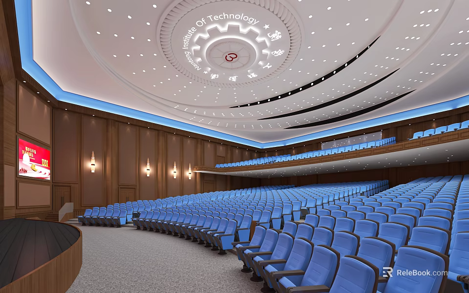 Large Modern Conference Room With Rows of Blue Seats Wooden Walls Circular Ceiling And Lighting 3d model 