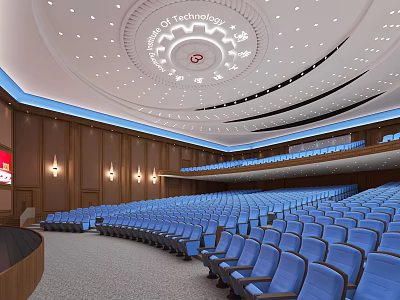 Large Modern Conference Room With Rows of Blue Seats Wooden Walls Circular Ceiling And Lighting 3d model