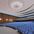 Large Modern Conference Room With Rows of Blue Seats Wooden Walls Circular Ceiling And Lighting